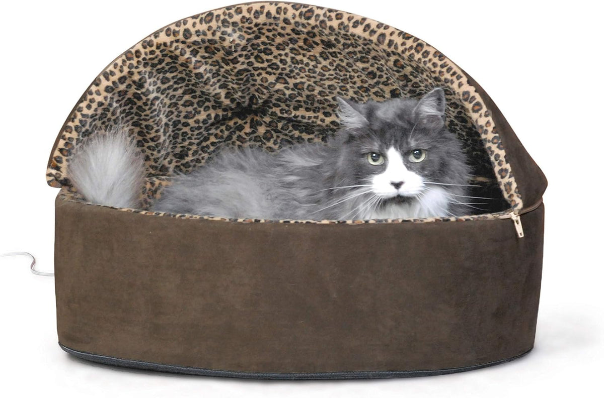 K&H Pet Products Thermo-Kitty Bed Deluxe Heated Cat Bed for Large Kitties - Indoor Heated Pet Bed for Dogs & Cats, Covered Cave Pet Tent, Machine Washable, Safety Listed - Large 20in Tan/Leopard