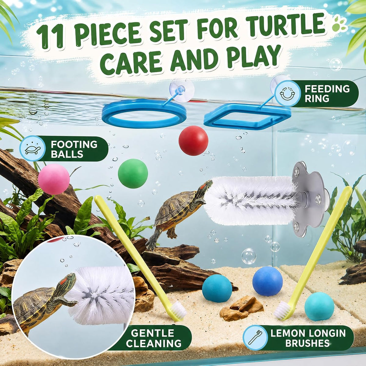Sosation 11 Pcs Turtle Tank Accessories Turtle Brush Toy Cleaner Feeder