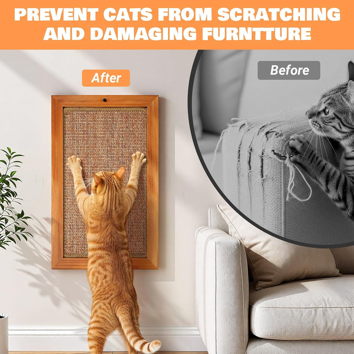 Wall Mounted Cat Scratching Post, Wooden Sisal Scratcher for Indoor Cats, L
