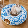 Meowfia Indoor Cat Tunnel with Donut Bed - Large Flexible Play Space for Multiple Pets - Circle or Snake Shape, Cozy Lounge (Blue Blossom)