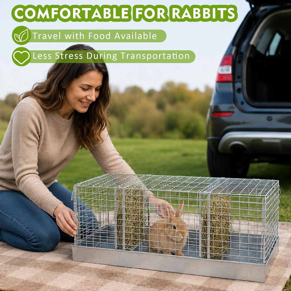 DoubleFill 3 Hole Foldable Rabbit Transport Cage with Hay Feeder & Handles