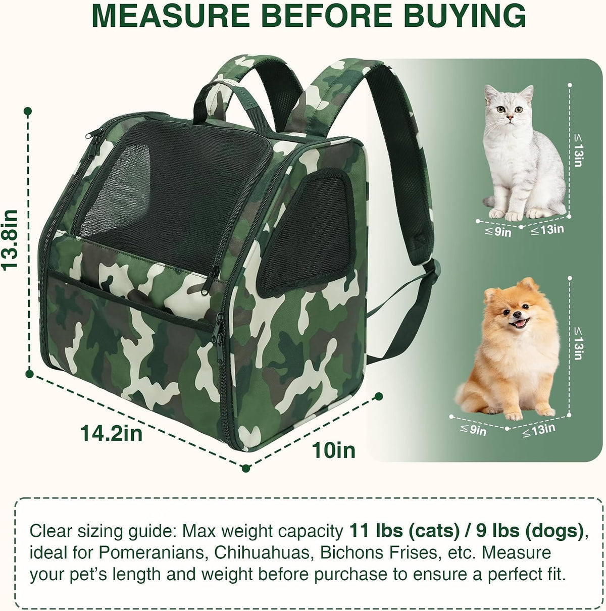 Cat Carrier Backpack Camouflage Pet Backpack for Cats Up to 11lbs