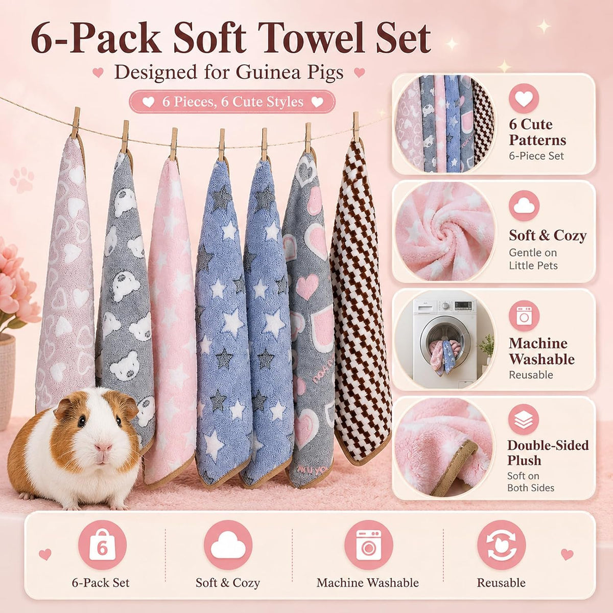 Grddaef Guinea Pig Fleece Blankets 6 Pieces Waterproof & Washable Small Animal Cage Liners Sleep Mat Bedding Pad for Hamster Chinchilla Rabbit Hedgehog (M-24 x 16 Inch)