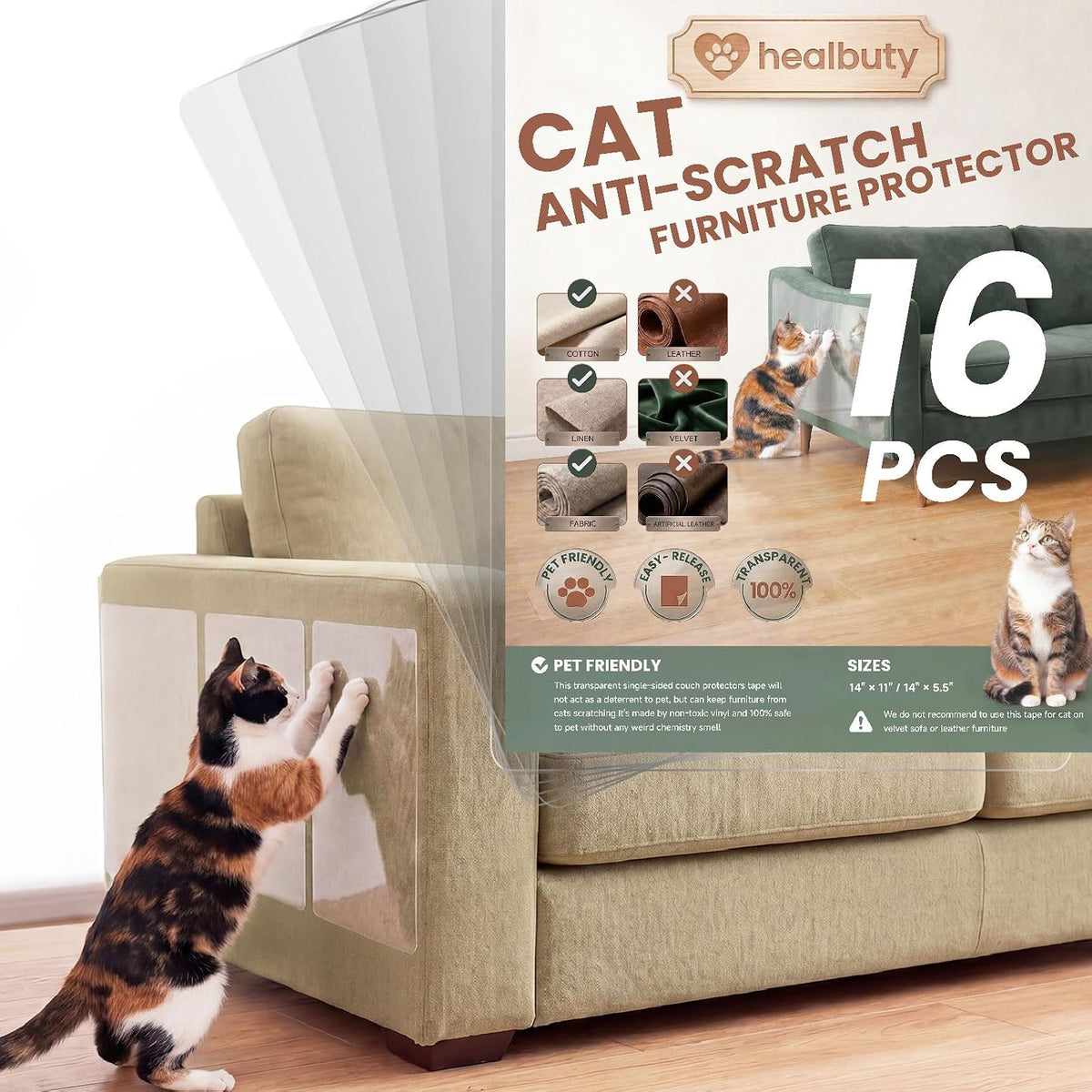 Cat Scratch Furniture Protector, 16 Pack Self Adhesive Tape, Heavy Duty Flexible Corner Guards for Couch, Sofa, Doors, Walls, Chairs, Armrests, No Residue, No Pins, Cat Scratch Protection Kit