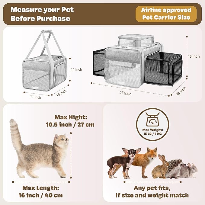 Top and 2 Sides Expandable Cat Carrier 17x11x11, TSA Airline Approved Dog - Image 4