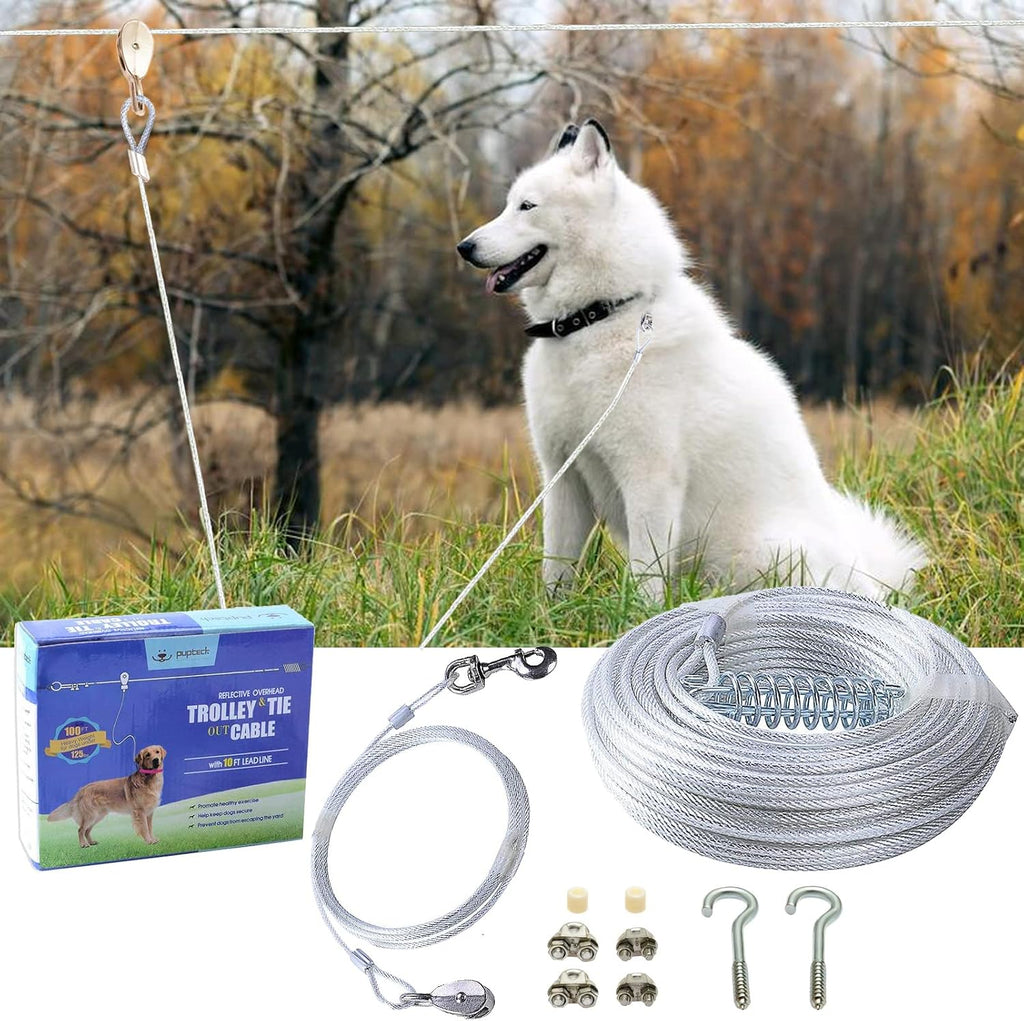 PUPTECK Outdoor Dog Run Cable for Small to Large Dogs up to 125lbs, Heavy Duty Tie Out Cable Trolley System with Runner Pulley Cable Zip Line for Yard, Camping, Long Lead Chain Leash