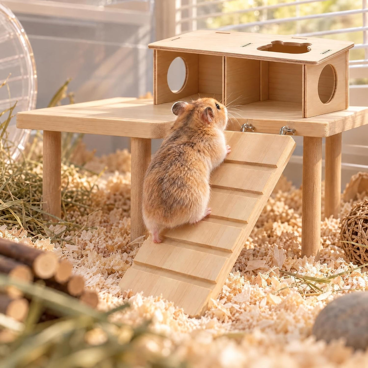 Hamster Hideout and Platform Set, Wooden 2-Chamber Hamster Tunnel