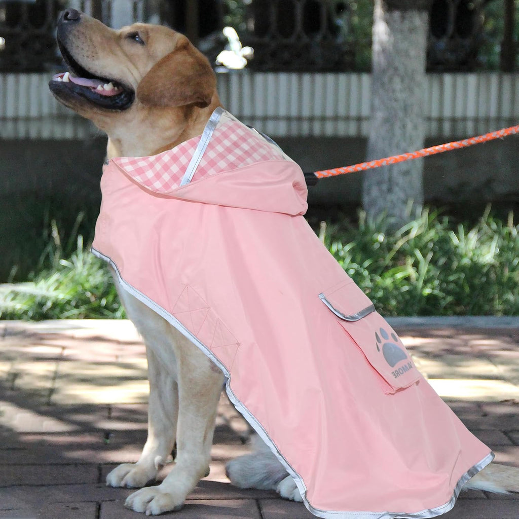 MAMORE Dog Raincoat Reversible,Waterproof Dog Rain Coat Hooded Slicker Poncho with Reflective Strip, Plaid Double Layer Rain Jacket for Small Medium Large Dogs (Pink, X-Large(37-55lb))