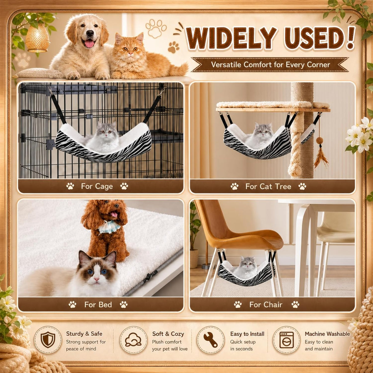 Jetec 2 Pack Cat Hammock for Cage, Zebra, Tiger Stripes, M
