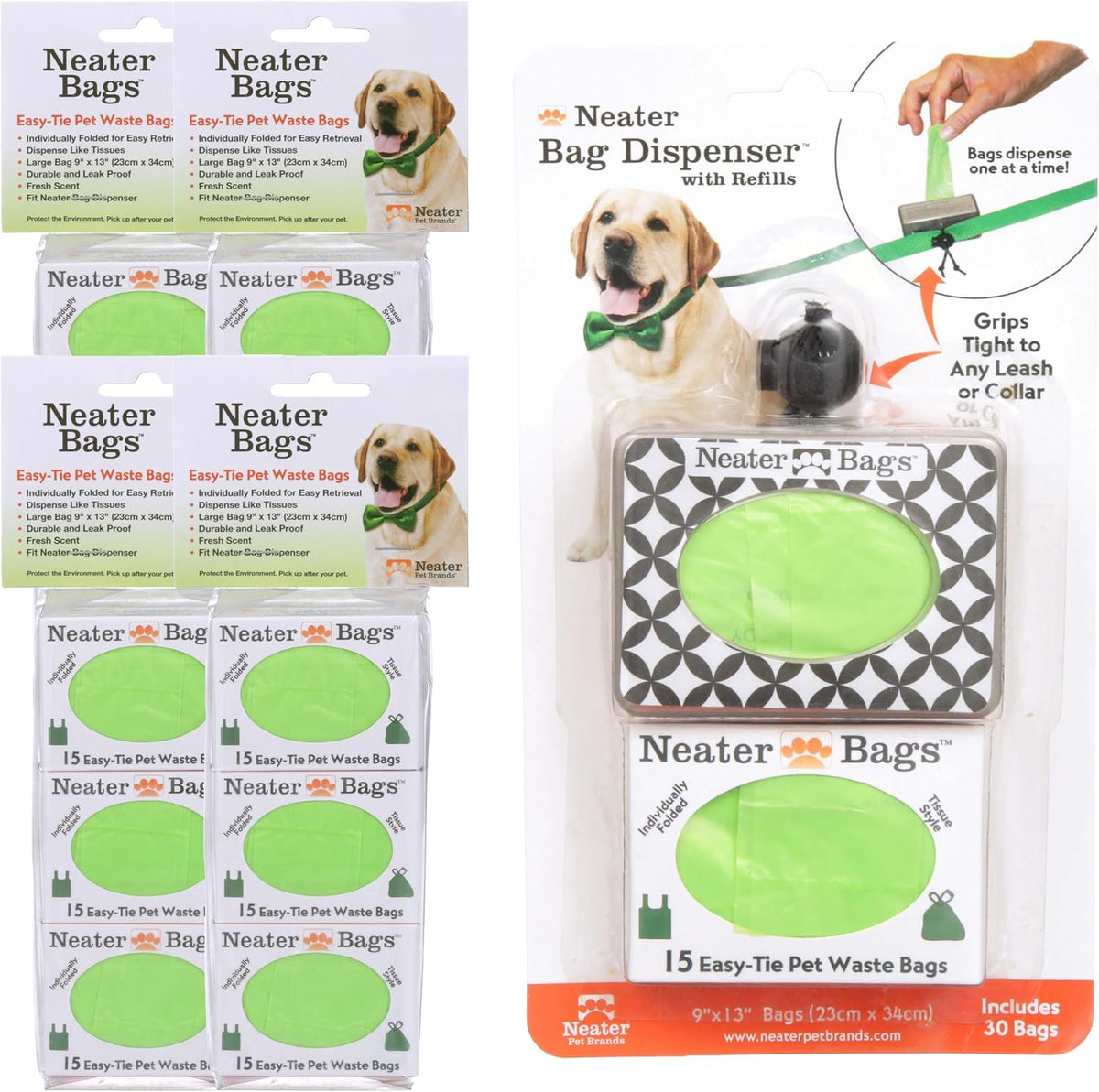 Neater Pet Brands Neater Bags Dog Waste Bag, No Rolls to Fuss With - Dog Poop Bags Dispense One at a Time, Doggie Poop Bag with Easy-Tie Handles (180 Count)