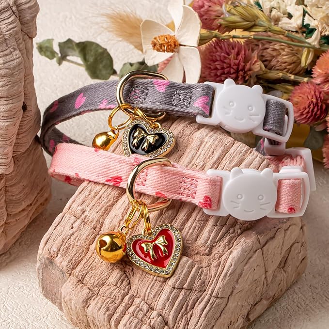 2 Pack Cotton Breakaway Cat Collar Pink and Gray Heart Shaped Pendant Cute - Image 5