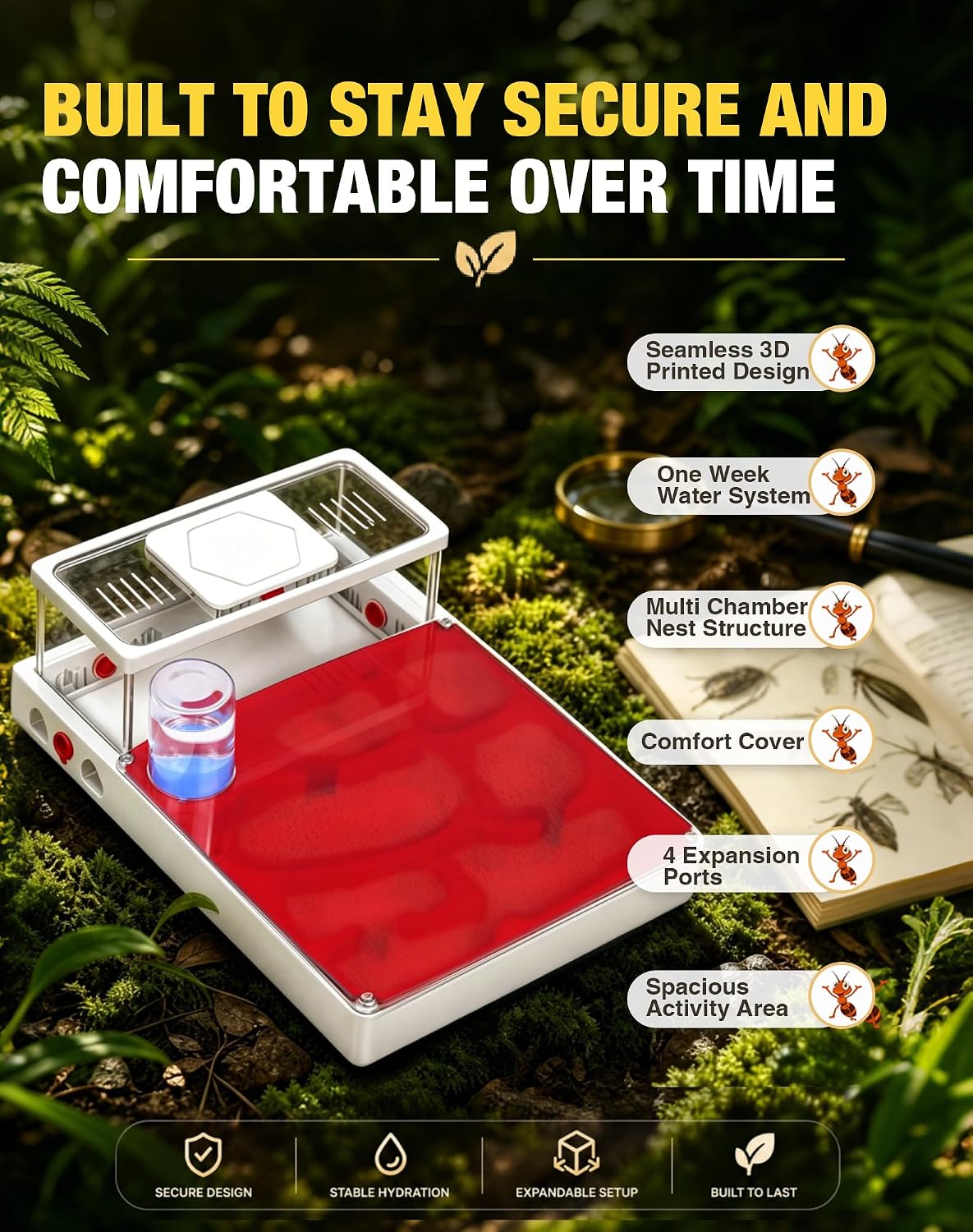 Ant Terrarium Kit, Ant Habitat with Large Viewing Window, 3D Printed Escape Resistant, Red Cover, Water Tower, 3 Expansion Ports and Spacious Foraging Area for Ant Keeping Beginners & Hobbyists