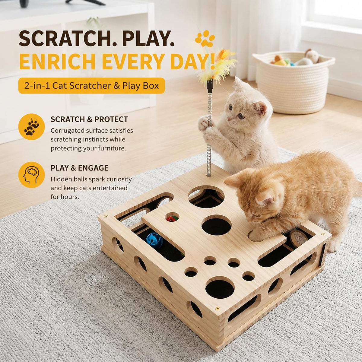 3-in-1 Cat Amazing Puzzle Box, Interactive Foraging Hunt & Cat Nail File Device with 1 Feather Wand & 3 Bell Balls, Wooden Enrichment System for Indoor Cats to Scratch, Play & Exercise