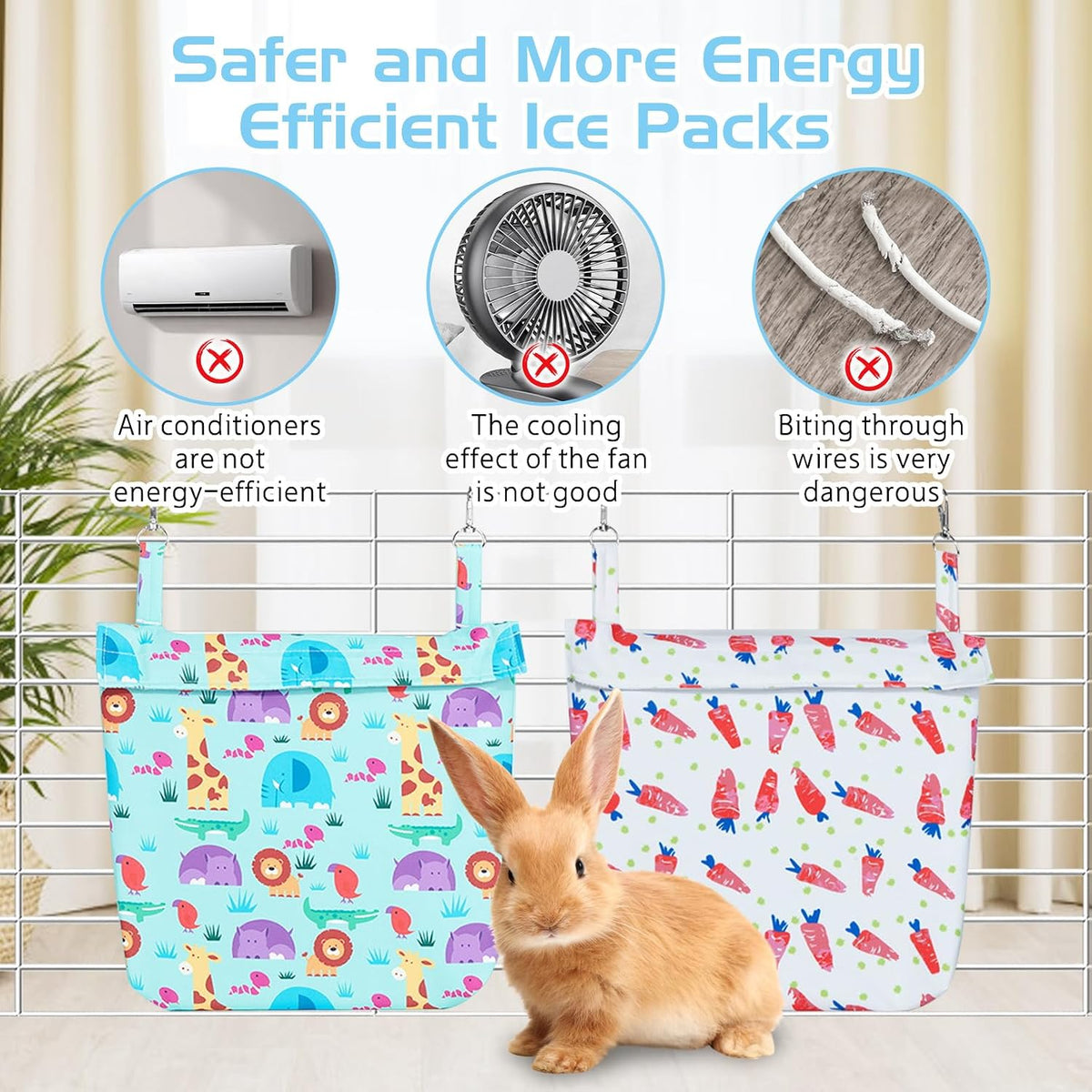 Hamiledyi Rabbit Cooling Pouch with Ice Pack - No Condensation Pad for Bunny Cage Accessories, Washable Cooling Mat for Small Animals,Ferret, Guinea Pig, Chinchilla(Carrot and Animal Pattern, 2kits)