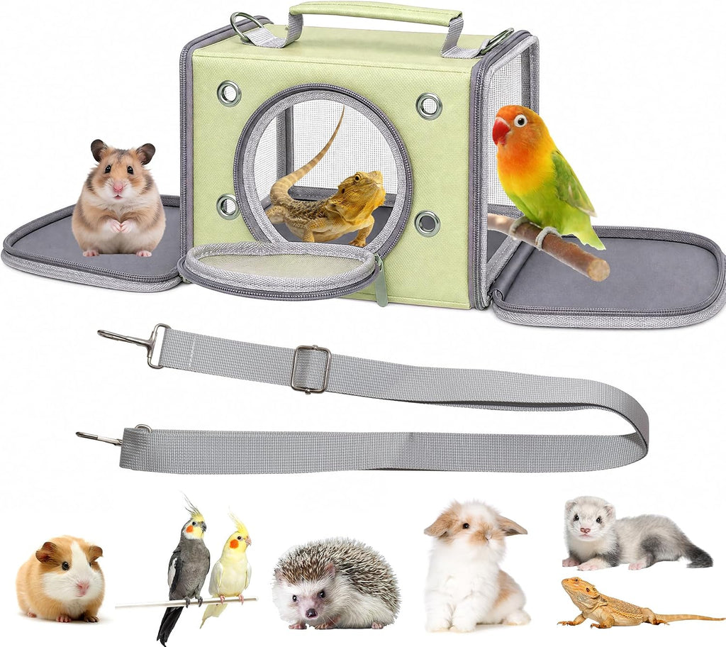 Portable Small Animal Travel Carrier, Foldable Breathable Travel Pet Cage for Hamsters, Guinea Pigs, Rabbits, Birds & Reptiles, Bird Carrier for Small Parrots & Parakeets (Large, Green)