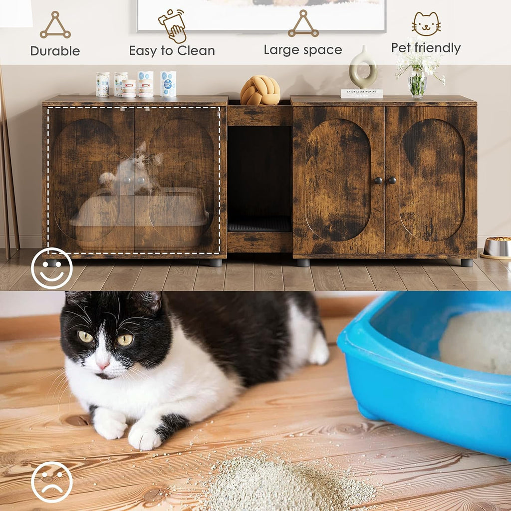 Garvee 55.1" Double Litter Box Enclosure, Retro Cat Box Furniture for 2 Cats, Cat Litter Box Furniture Hidden with Cat Scratch Pad, Large Indoor Pet House with Double Room, Retro Brown Color