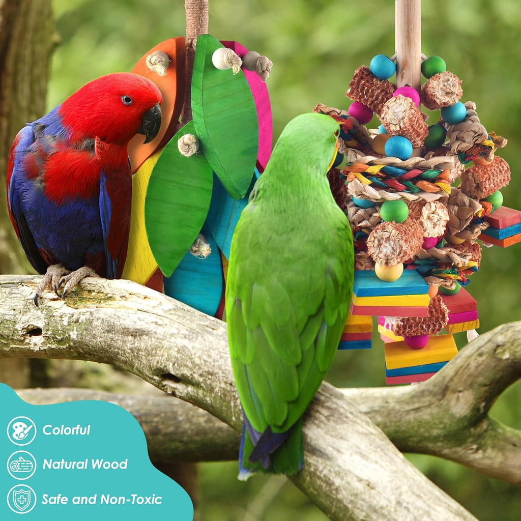 DBNESS 2 Pcs Large Bird Toys, Natural Corn Cob Parrot Chew Toy, Multicolored Leaf-Shaped Chewing Wood Blocks for Large and Medium-Sized Macaws, Cockatoos, Amazon Parrots, African Grey