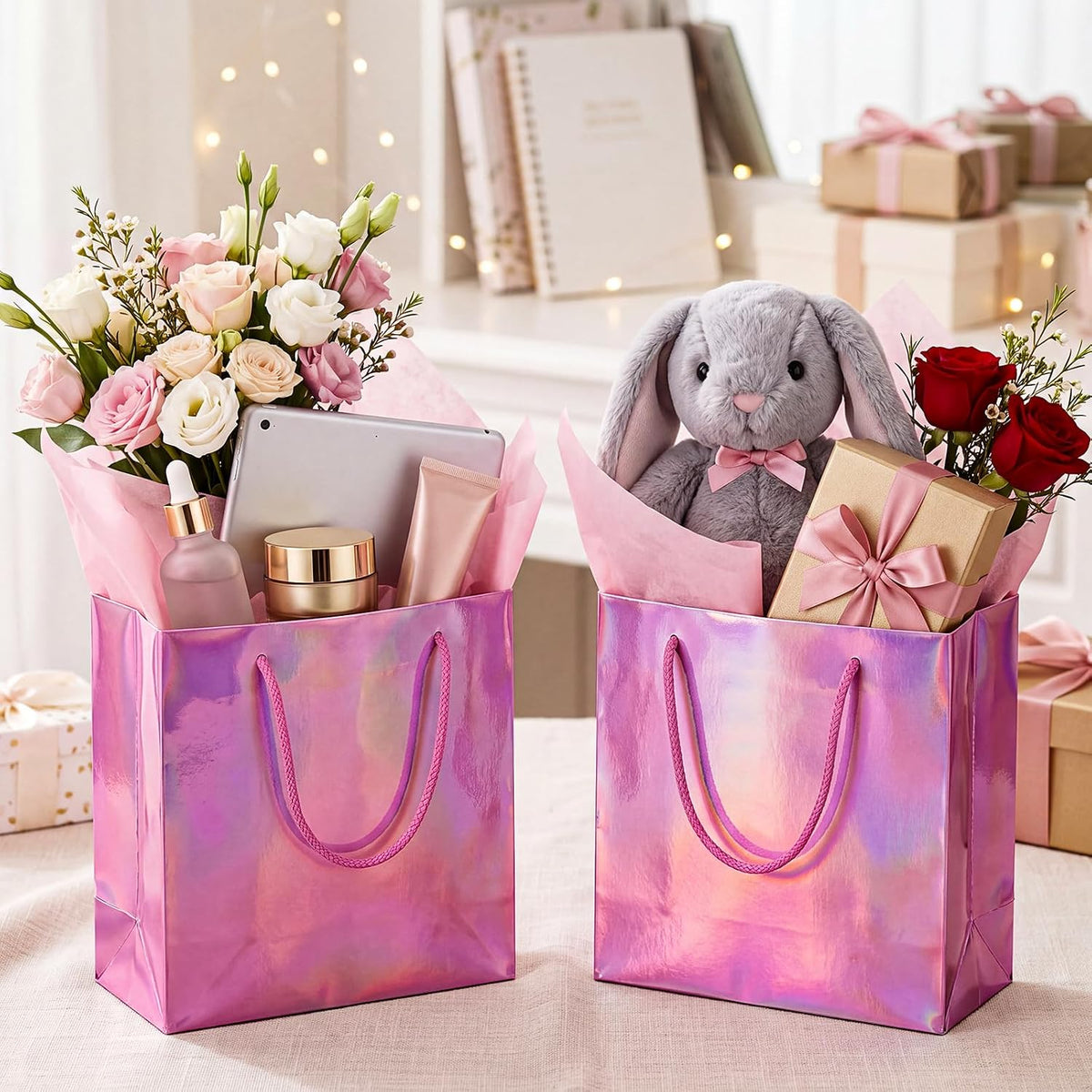 24 Pack Pink Gift Bags with Tissue Paper, Metallic Finish, Rope Handles