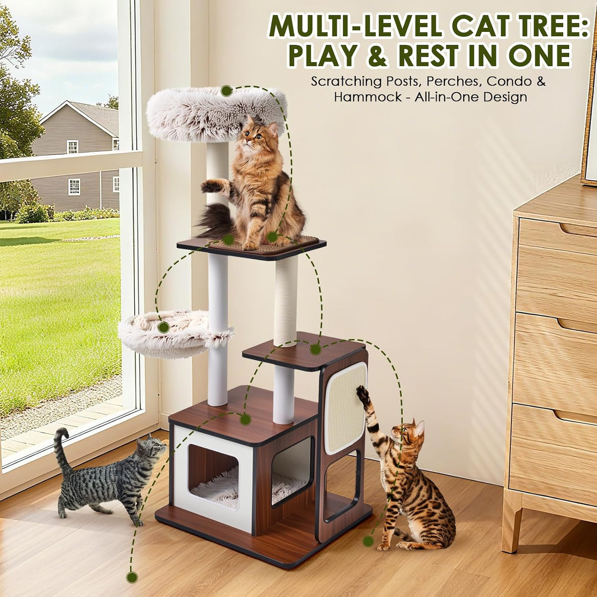 53" Cat Tree, Eco-Wood Cat Tower with Paper-Rope Scratching Post