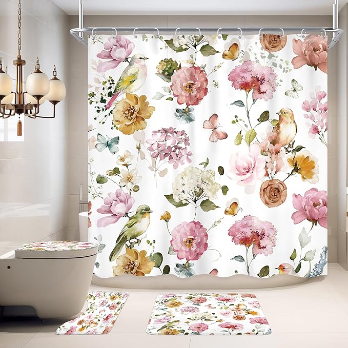 4 PCS Pink Floral Birds Bathroom Set by Ufeela