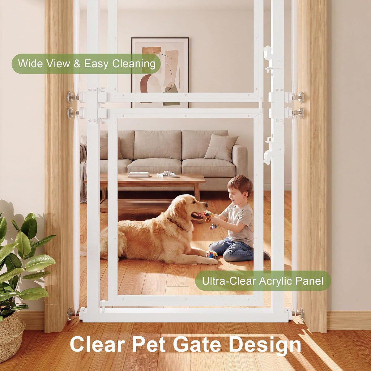 Feonase 73.6" Extra Tall Cat Gate, Full Clear Acrylic, 29.5-32.3"W, White
