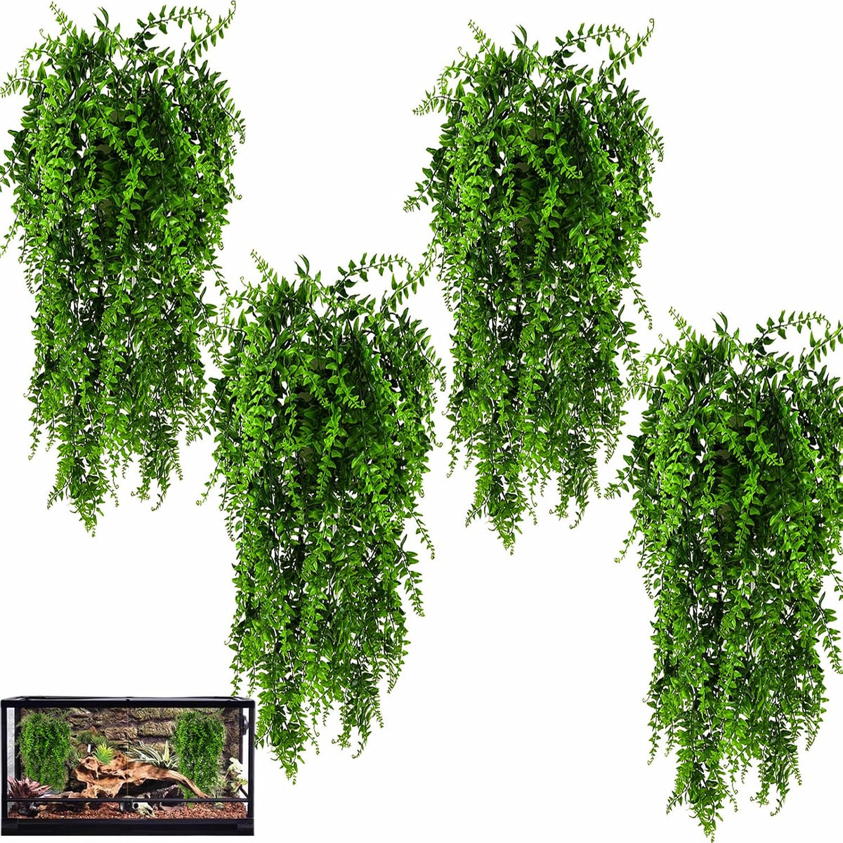 HERCOCCI 3 Pack Reptile Plants, Terrarium Hanging Plants Vines Artificial Leaves Habitat Decorations with Suction Cup for Bearded Dragon Hermit Crab Lizard Snake Geckos Chameleon
