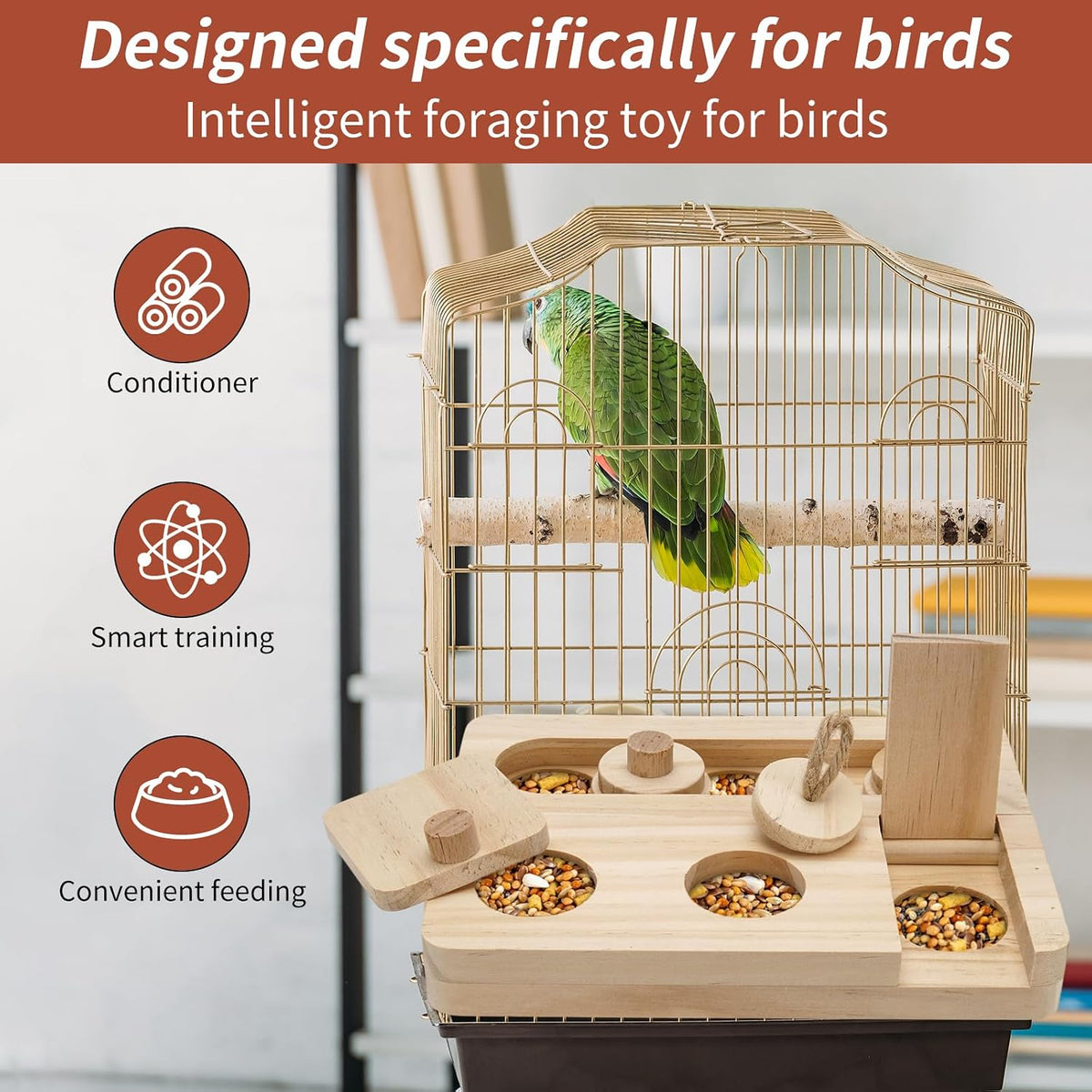 Wooden Bird Foraging Puzzle Feeder for Small Parrots, 7.2 x 5.4 Inch