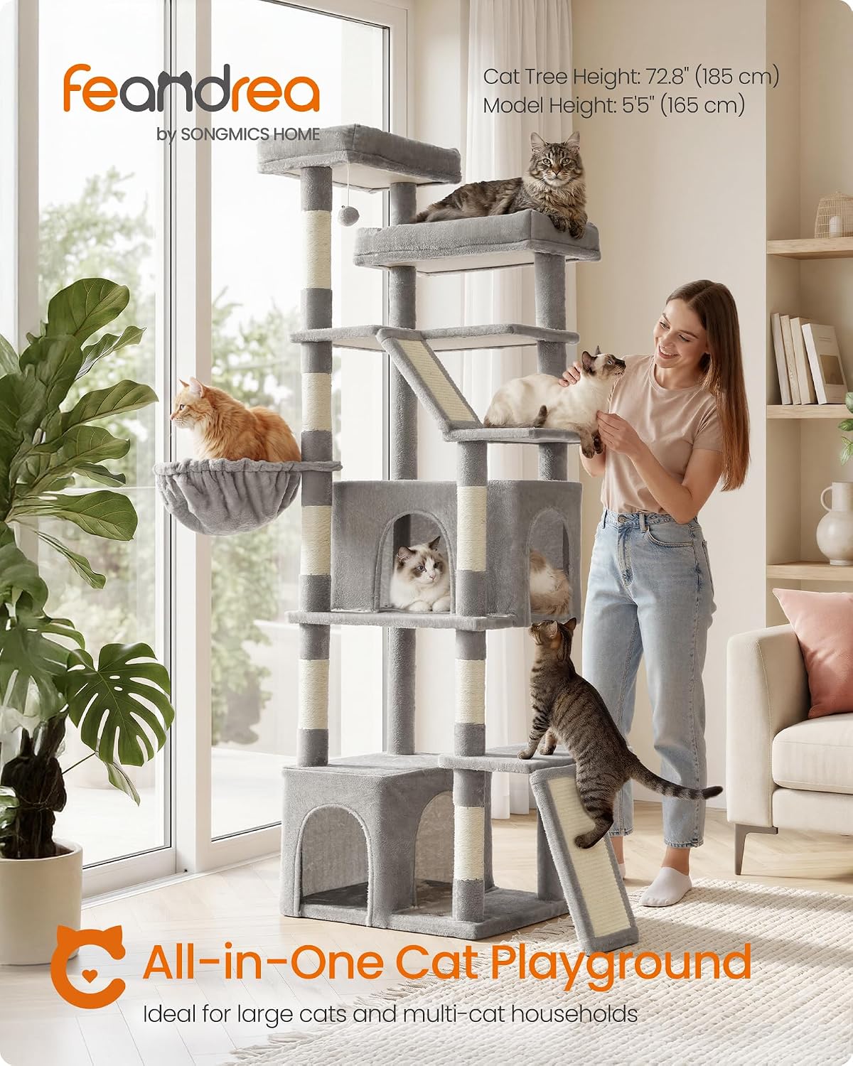 Feandrea Large Cat Tree, 72.6" Tall Sturdy Cat Tower for Indoor, Dove Gray