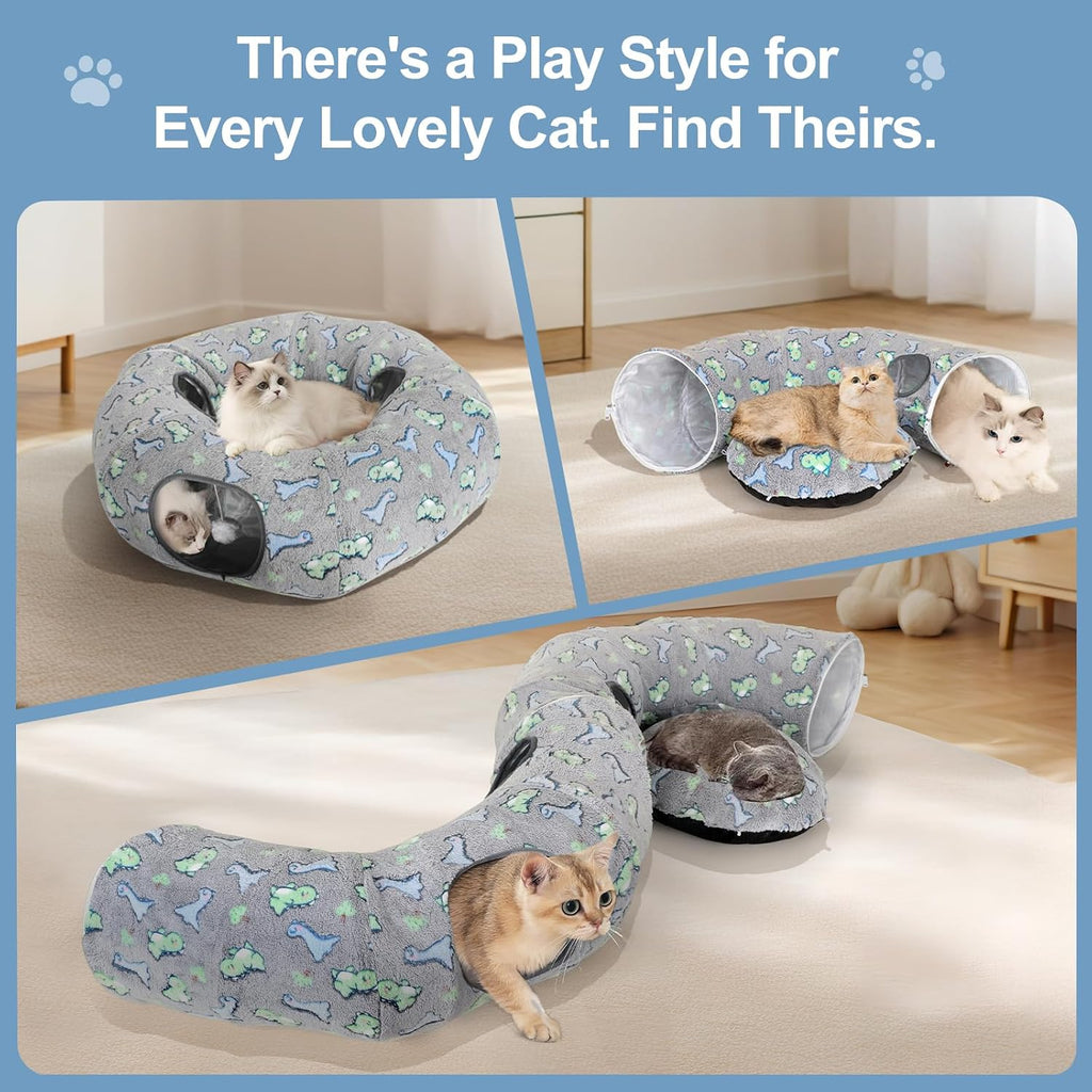 Cat Tunnel Bed, Foldable Cat Donut Tunnel with Removable Cushion & Toy Ball, Stress Relief Fun, Round Pet Play Tunnel for Indoor Cats, Kittens and Small Pets (3D Dinosaur Pattern)