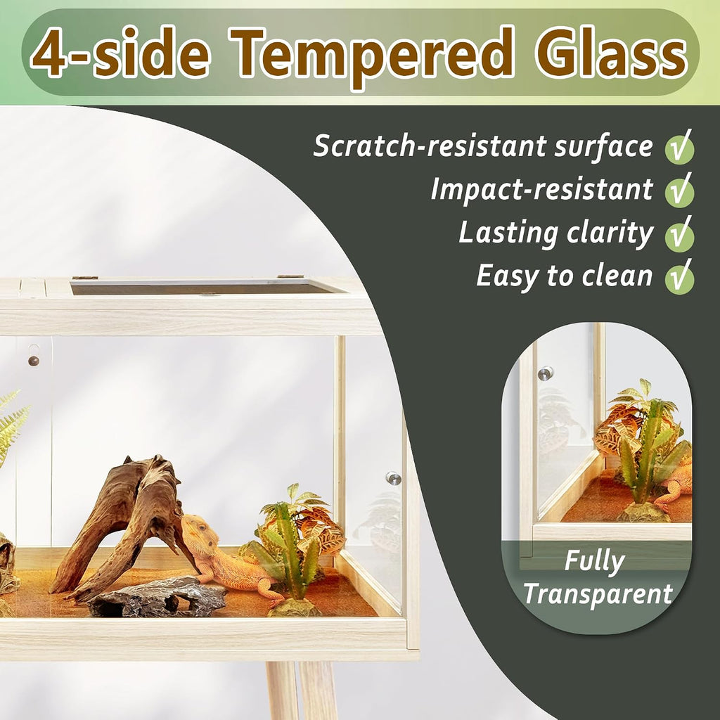 PROLEE Reptile Enclosure with Leg, 82 Gallons Bearded Dragon Tank, Tempered Glass Lizard Tank with Metal Mesh Tops and Lockable Door, Spacious Reptile Habitat for Snake,Lizard (Oak)