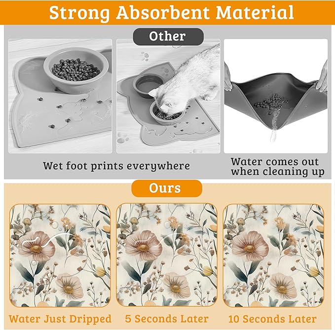 Vintage Flowers Dog Cat Food Mat, Herbs Absorbent Waterproof Placemat - Image 3