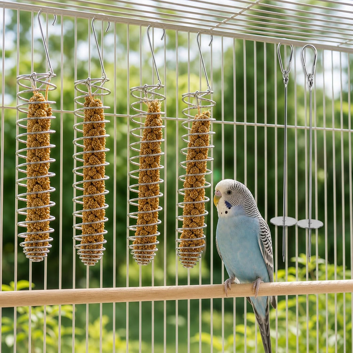6PCS Millet Holder for Bird Cage, Feeder Set with Fruit Forks,Multi‑Feeder Combination, Foraging Accessory, Fits Small Cages, Simple Hook Mounting, Solid Bird Treat Rack