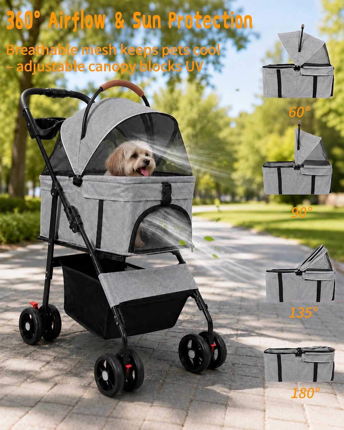 Pet Stroller, 3 in1 Foldable Dog Cat Stroller with Detachable Carrier-Gray