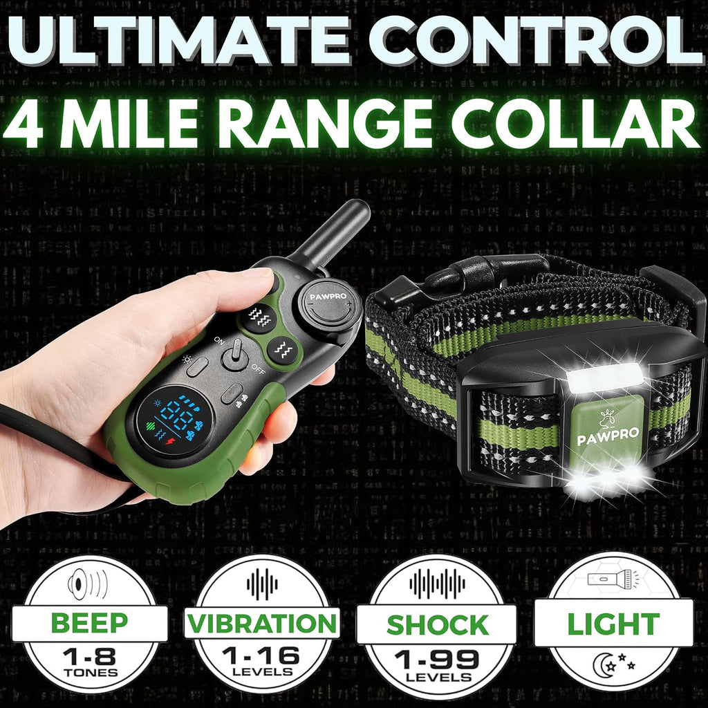 PAWPRO Dog Shock Collar with Remote, US Edition Training Collar, 4-Mile Range, Night Light, Beep, Vibration & 1-99 Shock, Waterproof & Rechargeable, Fits All Dogs, 30-Day Training Guide (Green)
