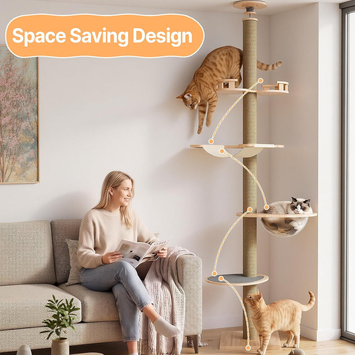 Floor to Ceiling Cat Tree Tower, 4T Adjustable Height 93.3-113”