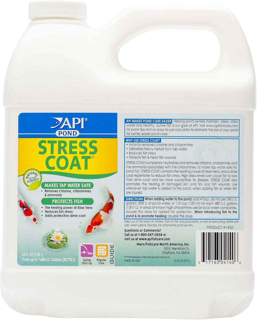 API POND STRESS COAT (64 fl oz) Pond Water Conditioner - Quickly Makes Tap Water Safe for Fish & Plants - Up to 7680 Gallons - Removes Chlorine, Ammonia & More - Natural Aloe Vera
