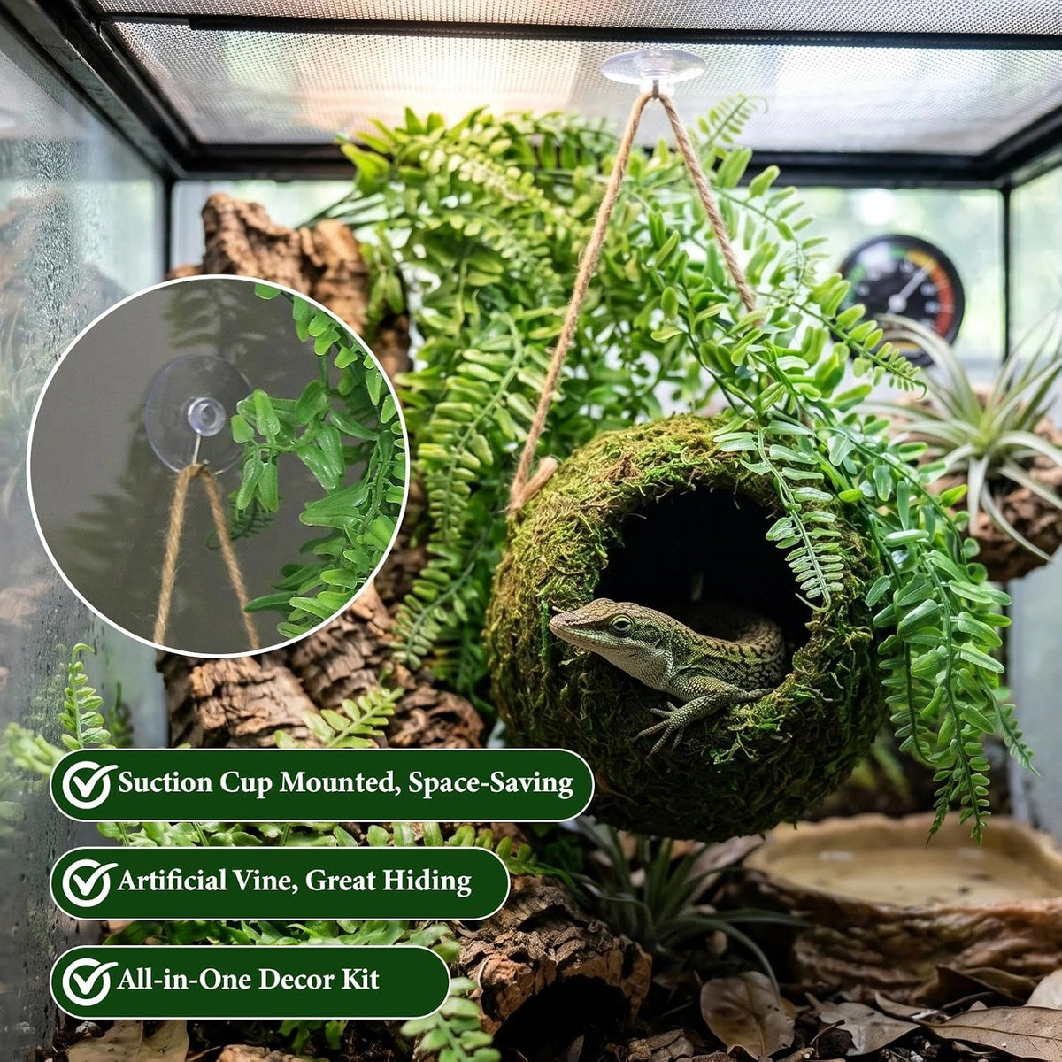 Mossy Reptile Cave Hide, Platform Mossy Hide Shelter for Lizard Gecko Snake