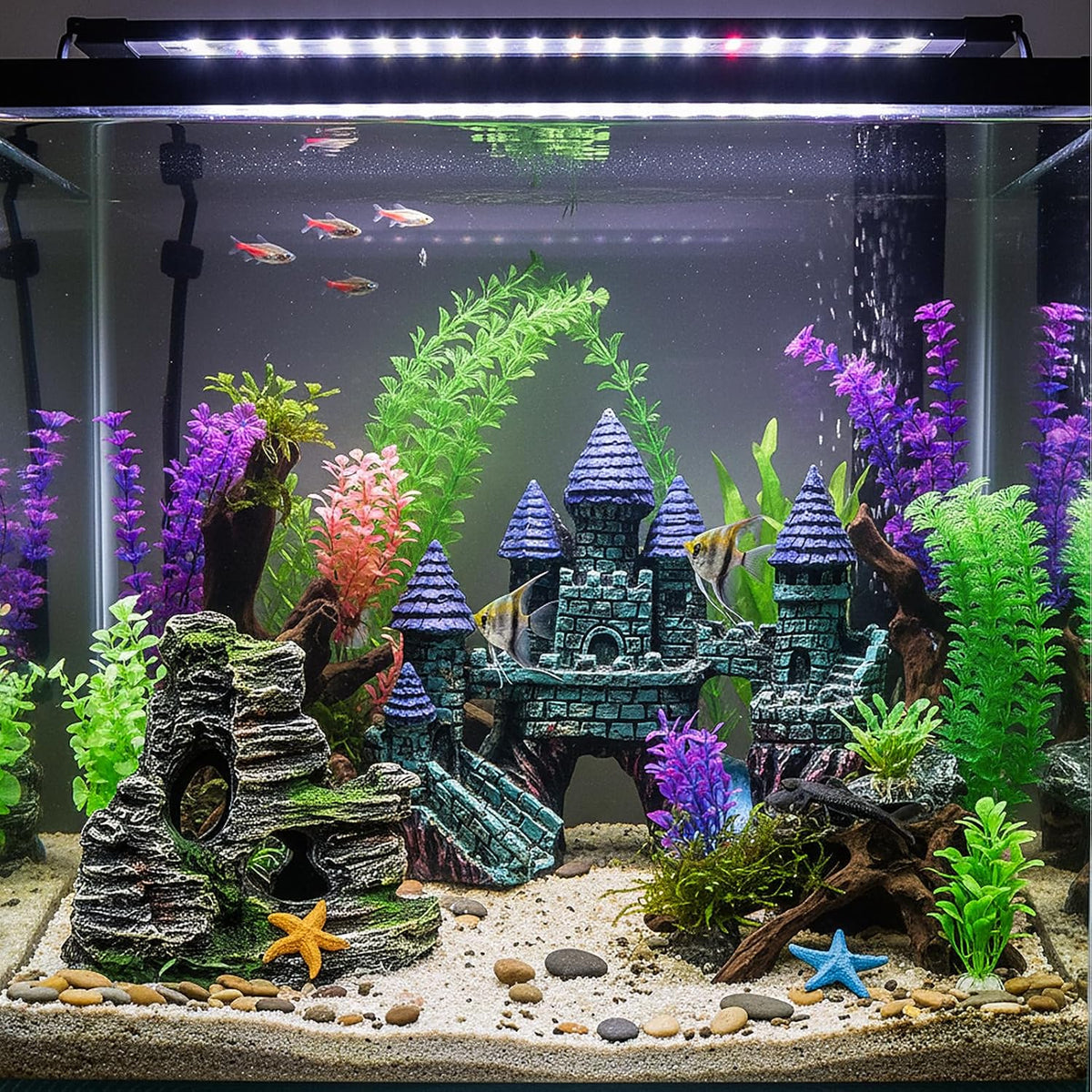 Mechpia 13 Pieces Aquarium Decorations Kit, Fish Tank Decorations Set Small Resin Castle and Rockery Betta Fish Cave Hideout Coral Artificial Plastic Plants Ornament Accessories