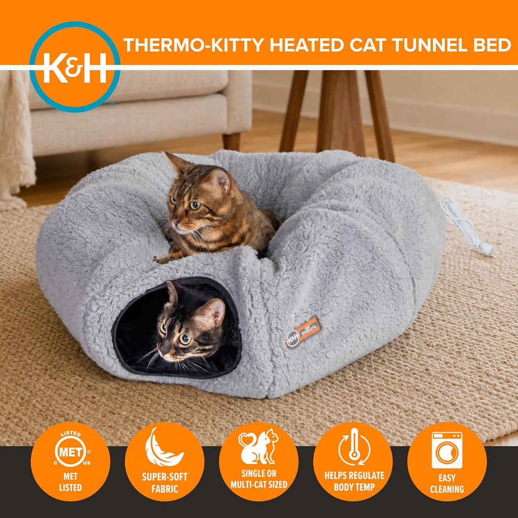 K&H Heated Cat Bed, Thermo-Kitty Heated Tunnel Indoor, Safety Listed, Gray
