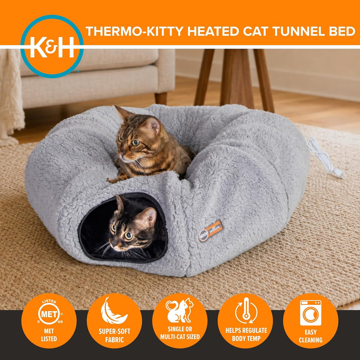 K&H Heated Cat Bed, Thermo-Kitty Heated Tunnel Indoor, Safety Listed, Gray