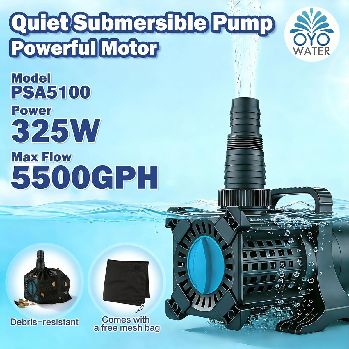 OYO WATER Pond Pump, 5100 GPH Adjustable Flow Submersible Water Pump with Filter Bag, UL Listed Copper Motor, IPX8 Waterproof 20.3ft Cord for Koi Pond, Fountain, Waterfall, Hydroponics, Irrigation