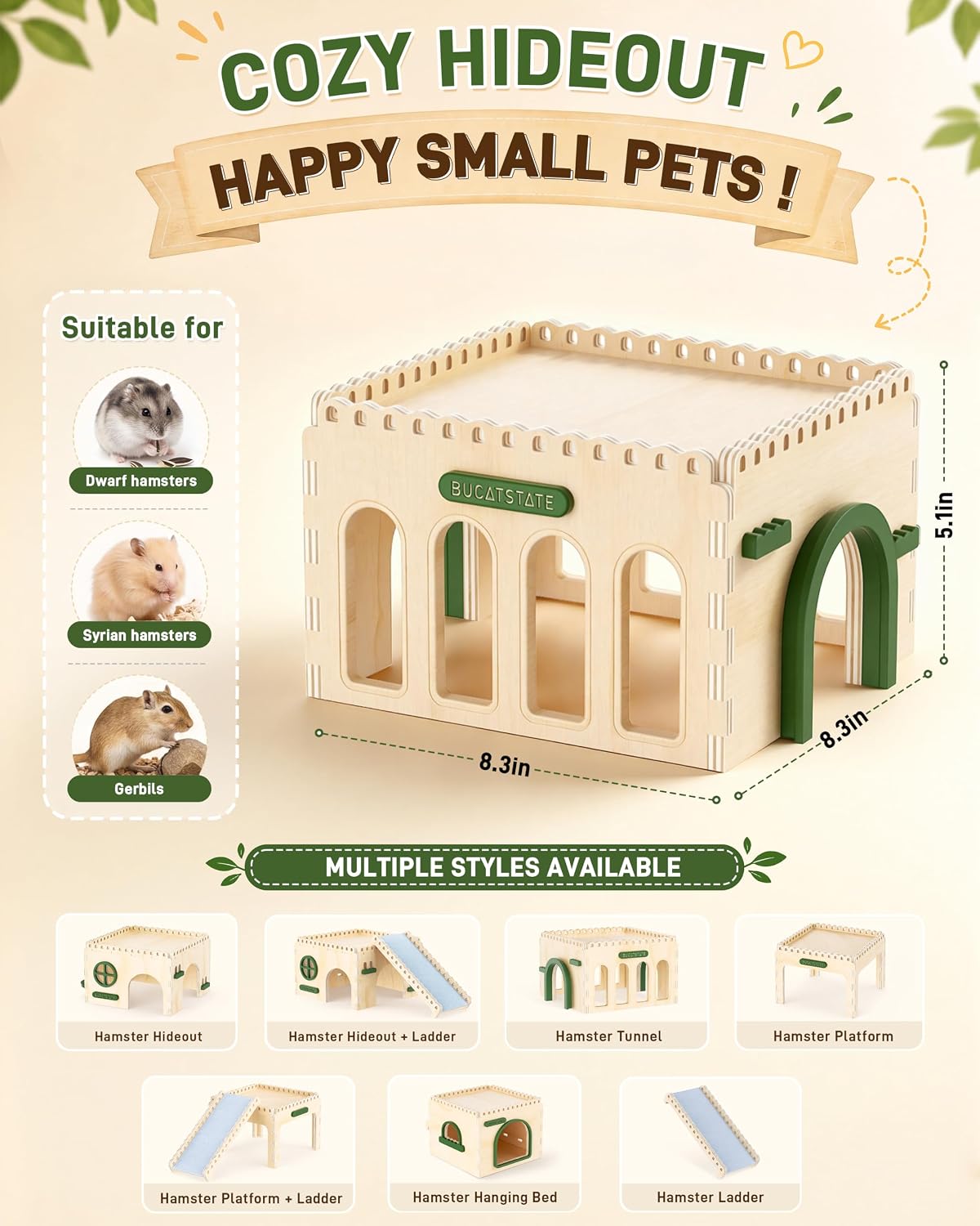 BUCATSTATE Natural Wood Hamster Hideout Castle, Easy-Assemble & Breathable