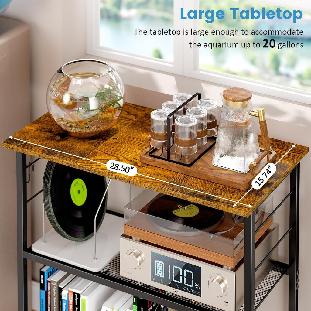 ThreeHio 20 Gallon Fish Tank Stand, 3 Tier Aquarium Stand with Movable Hooks, 28.5" L* 15.74" W Tabletop, Heavy Duty Terrarium Stand with Storage Shelf, Storage Table Shelf Rack Organizer for Kitchen, Living Room, Office, Balcony