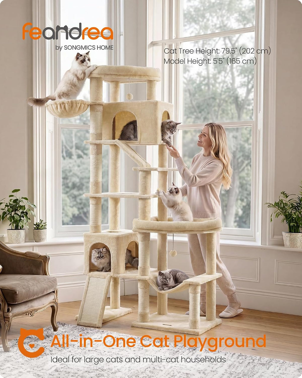 Feandrea Cat Tree, 79.5" Heavy Duty Cat Tower Condo for Indoors, Beige