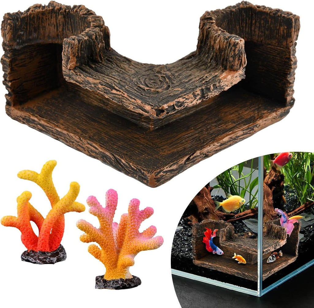 Aquarium Underground Corner Cave with 2 Simulated Resin Coral for Corners