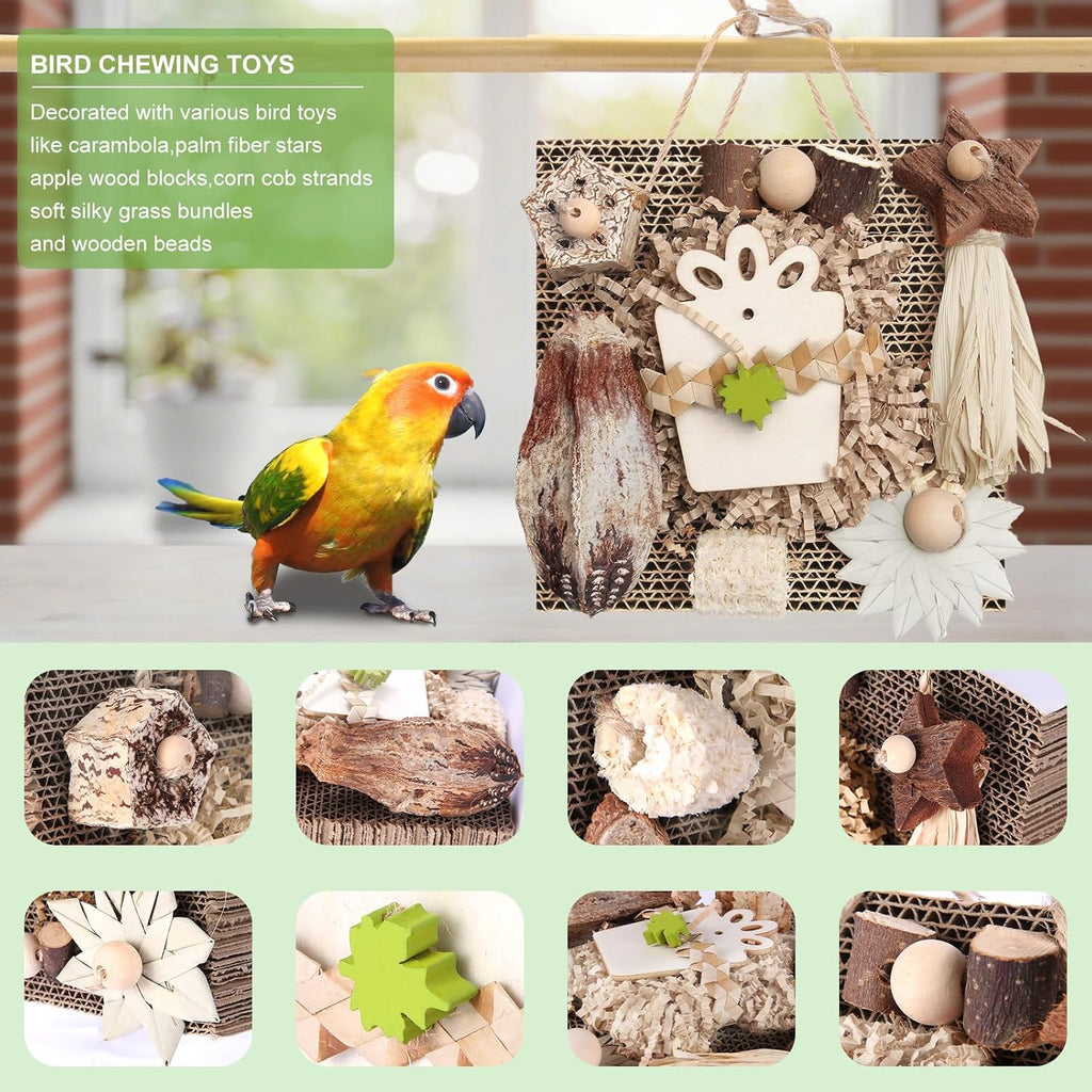 Kyouki Bird Play & Foraging Bundle - Wooden Perch Gym with Mirror/Ladder & Chewable Cardboard Foraging Toy for Parakeets, Cockatiels, Lovebirds, Conures & Small/Medium Parrots