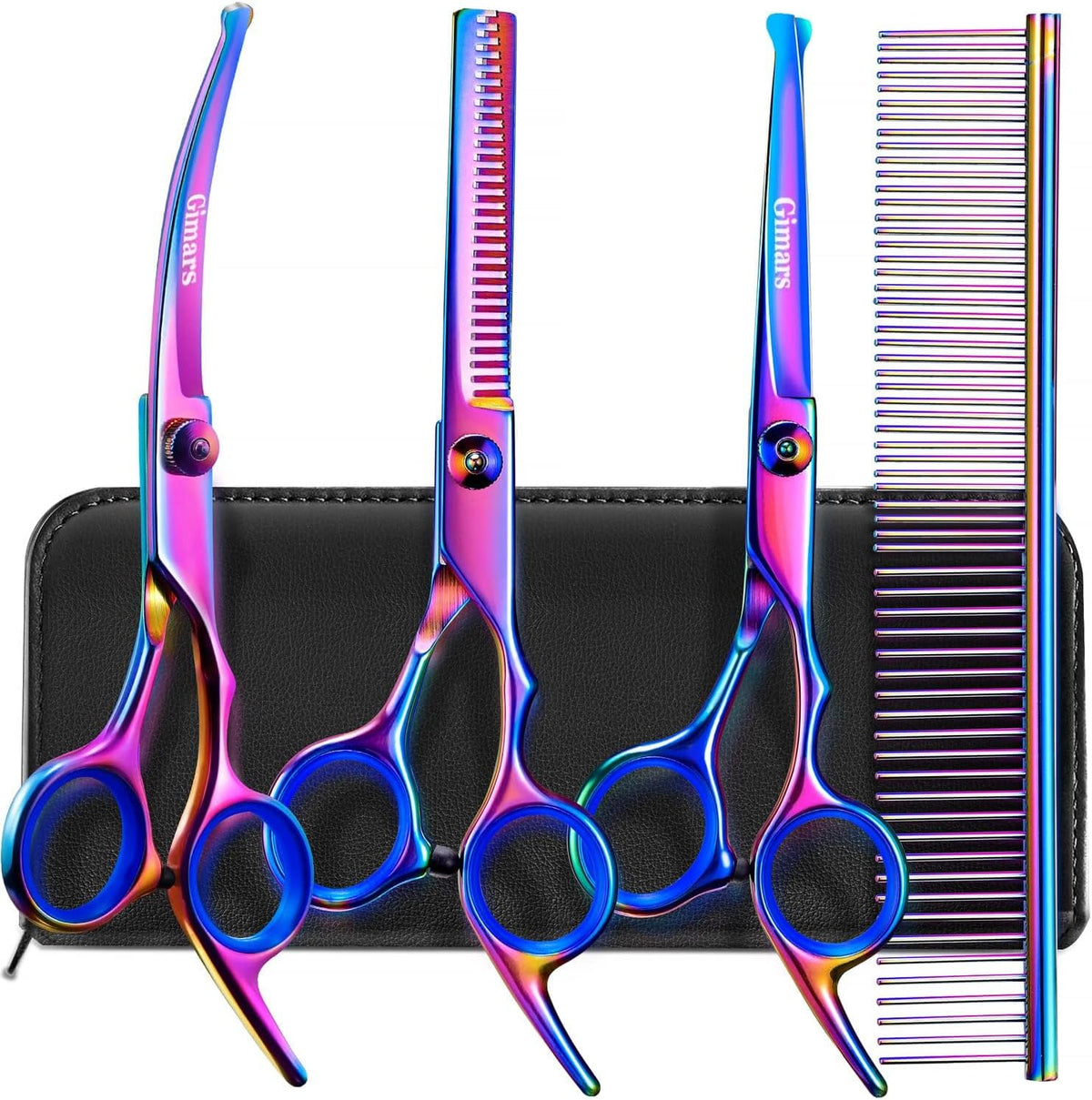 Gimars Dog Grooming Scissors Kit Professional 4CR with Safety Round Tip, 5 in 1 Heavy Duty Titanium Coated Thinning & Curved & Straight Shears