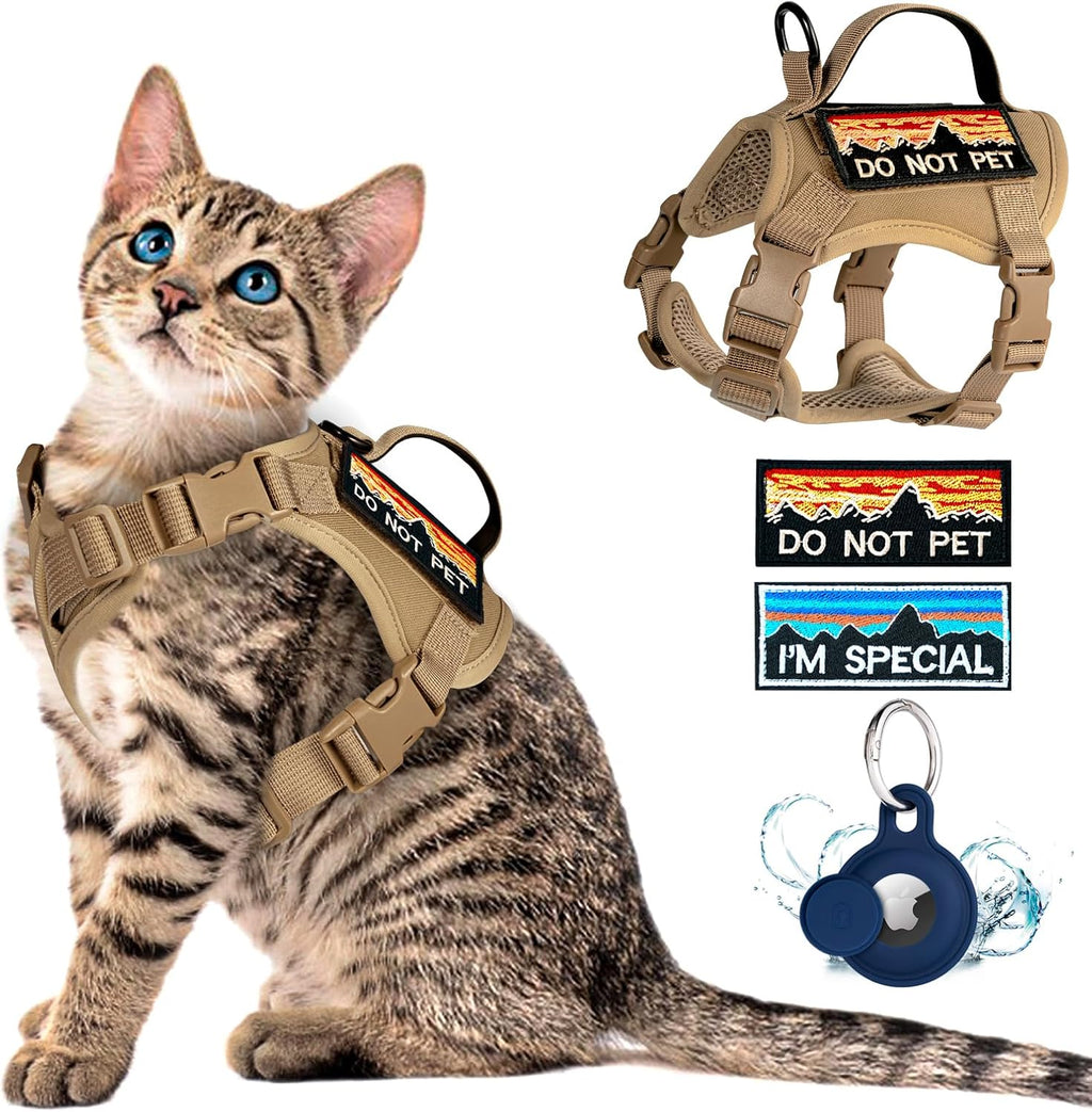 Tactical Cat Harness for Walking, Adjustable Escape Proof Pet Vest for Large Cat,Easy Control Breathable Cat Vest with Handle，Molle Patches (Khaki, L)