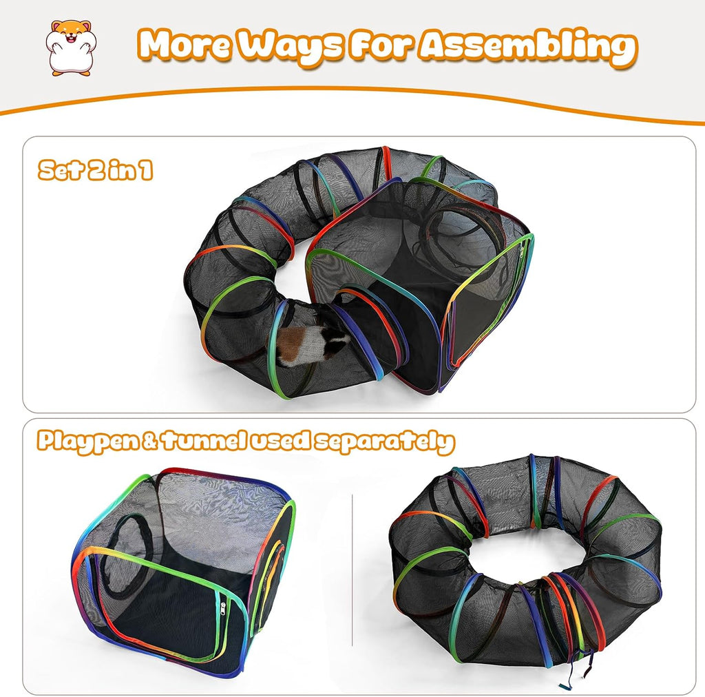 Guinea Pig Playpen with Tunnel, Rainbow Playpen with 98.4" Extended Tube & Open Side, Rabbit Playpen for Bunny, Hamster, Ferret, Chinchilla, Chickens & Small Animals to Play Indoor or Outdoor