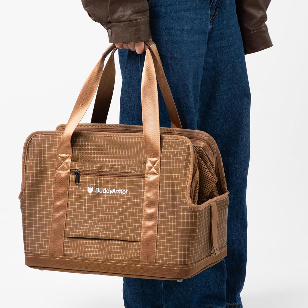 Secure Cat Bag Carrier Soft-Sided Nylon Breathable Mesh, Brown